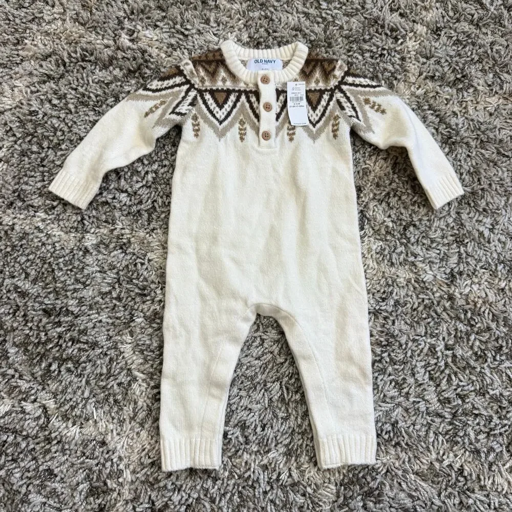 NWT Old Navy Fair Isle Sweater Romper Outfit Cream Brown Baby Boy 6-12 Months